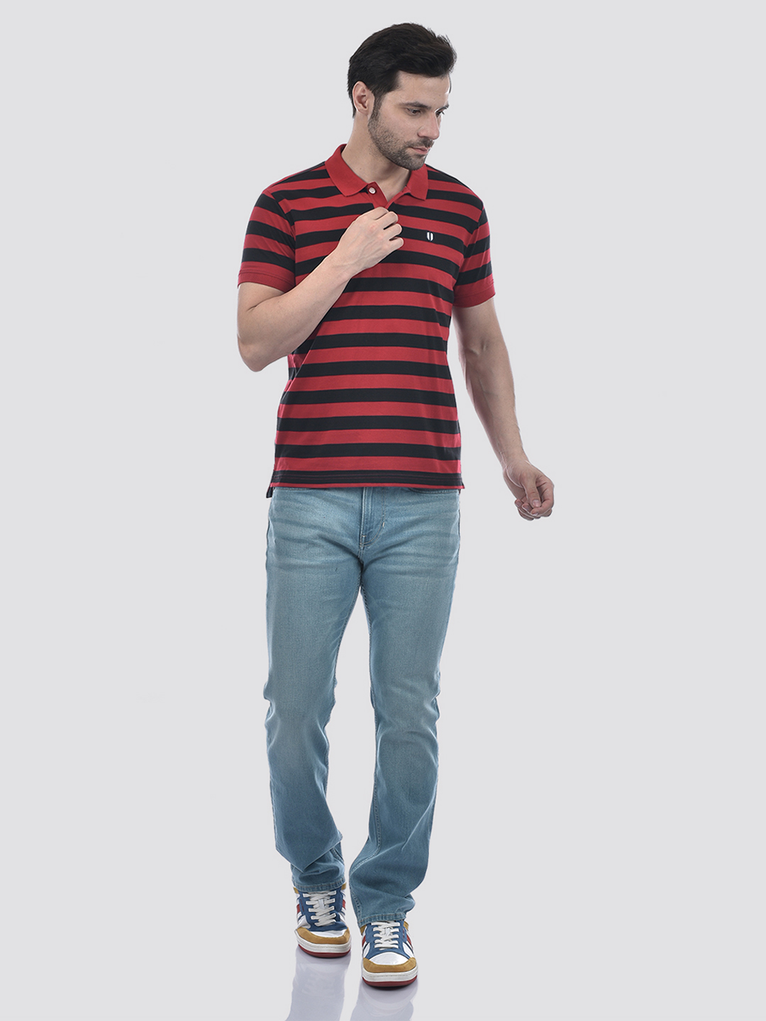 Numero Uno Men Coral Red Striped Polo T-Shirt